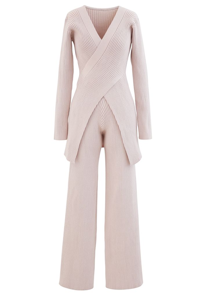 Cross Wrap Rib Knit Longline Pullover und Schlauchset in Pink