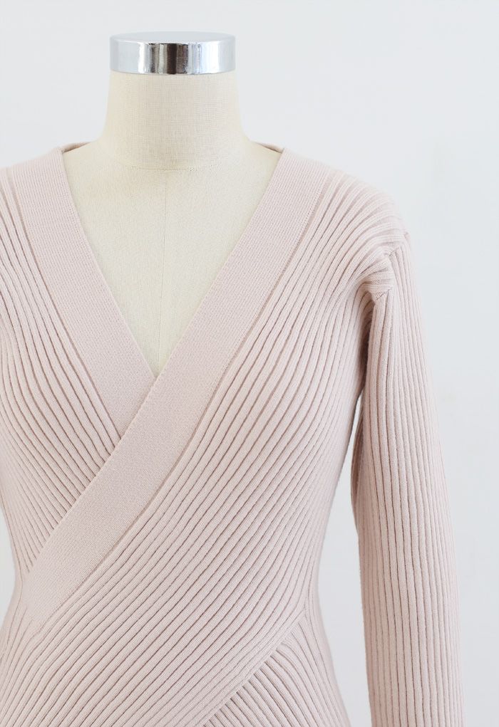 Cross Wrap Rib Knit Longline Pullover und Schlauchset in Pink