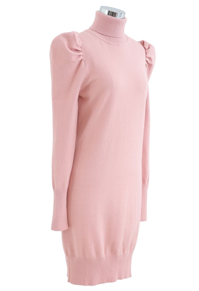 Blase Schulter Rollkragenpullover Kleid in Rosa