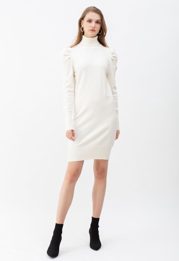 Bubble Shoulder Rollkragenpullover Kleid in Weiß