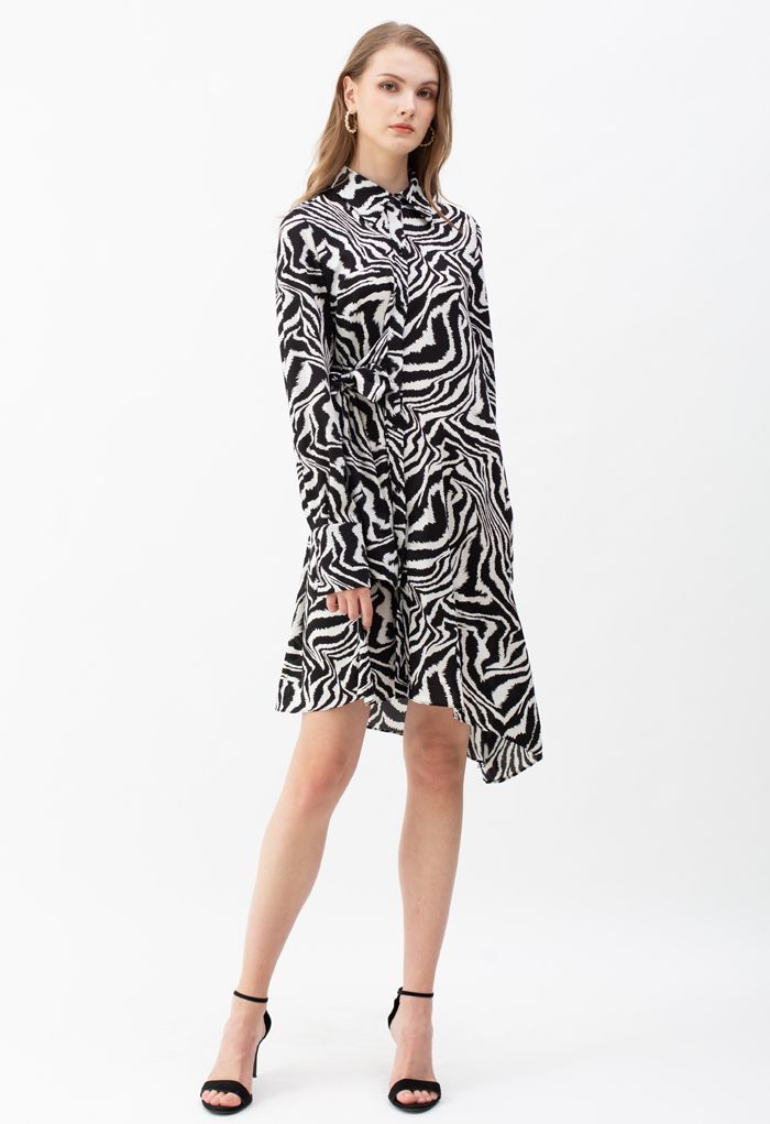Zebra Print Knot Side Asymmetric Shirt Kleid