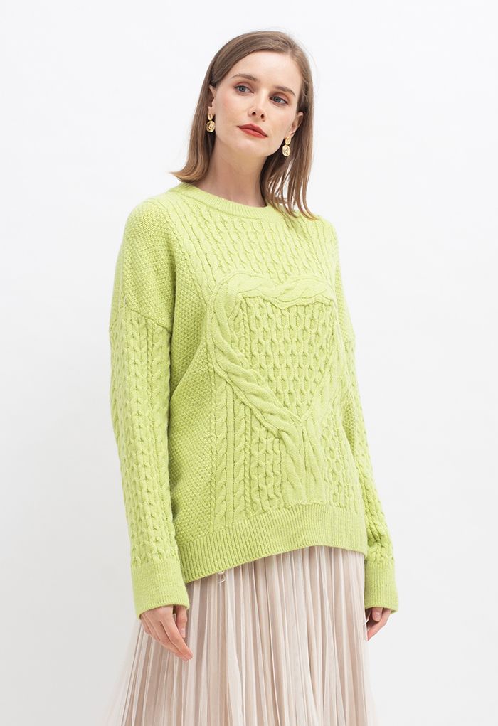 Lonely Heart Pullover mit Zopfmuster in Neongrün