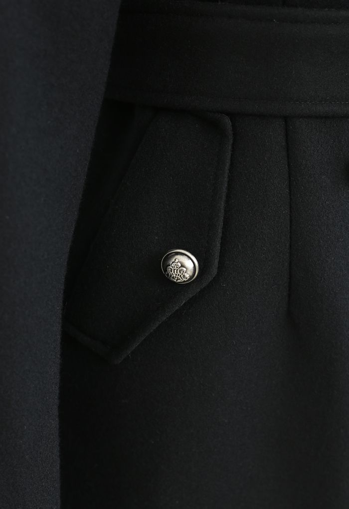 Schwarzer zweireihiger Longline-Mantel aus Wollmischung