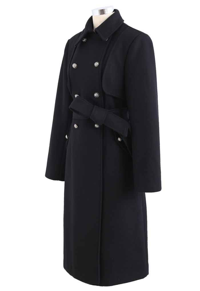 Schwarzer zweireihiger Longline-Mantel aus Wollmischung
