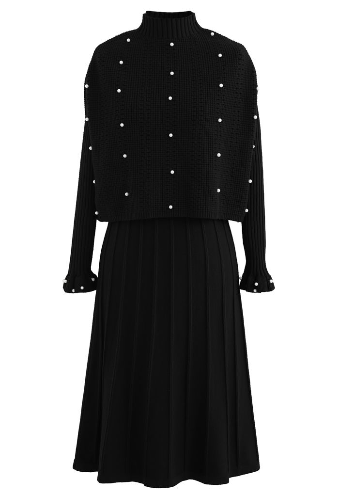 Pearl Trim Plissee Strick Twinset Kleid in Schwarz