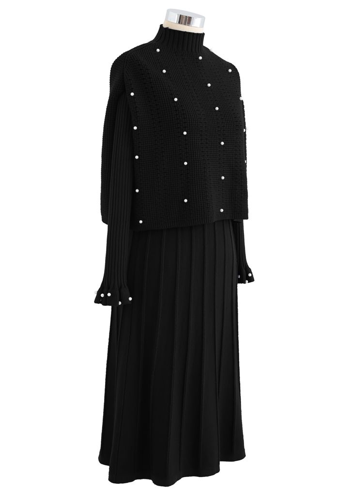 Pearl Trim Plissee Strick Twinset Kleid in Schwarz
