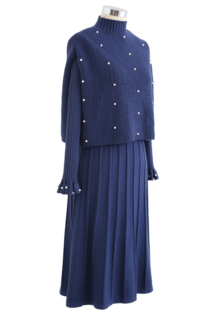 Pearl Trim Plissee Strick Twinset Kleid in Indigo