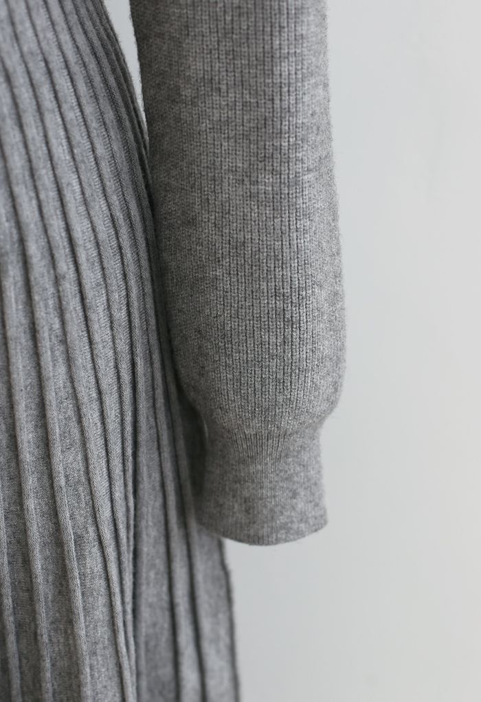 Gürtel Wickeln Rippe Stricken Midi Kleid in Grau