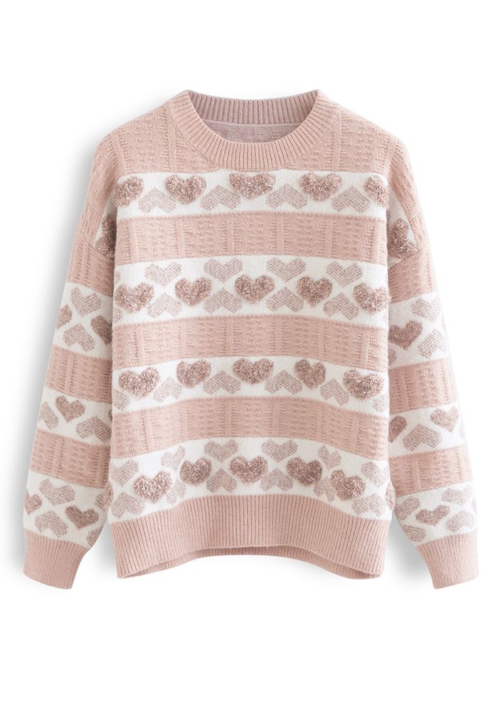 Unscharfes Herz Jacquard Strickpullover in Rosa