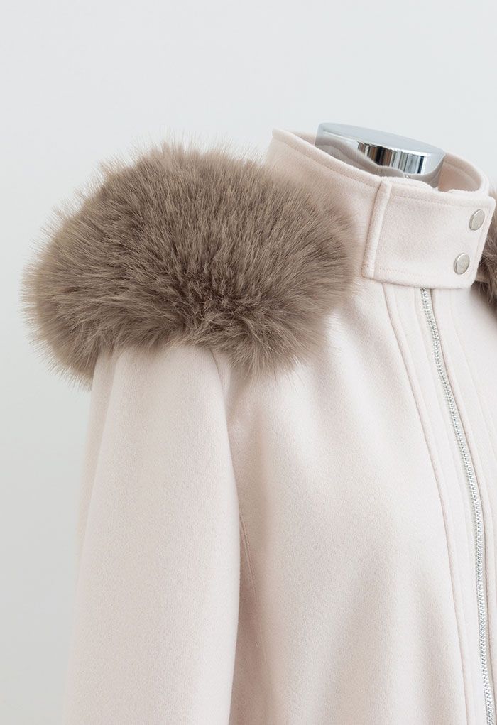 Mantel mit Kunstpelz-Kapuze aus Wollmischung mit Reißverschluss
