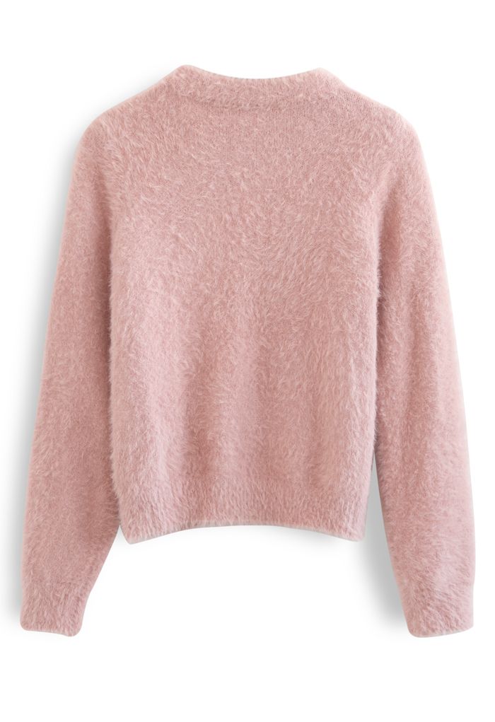 Weicher Fuzzy-Strickpullover mit Pearly Heart Patch in Rosa
