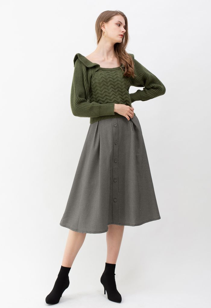 Gerippter Crop-Pullover mit eckigem Ausschnitt in Grün
