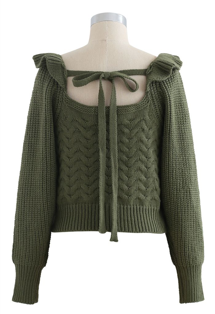 Gerippter Crop-Pullover mit eckigem Ausschnitt in Grün