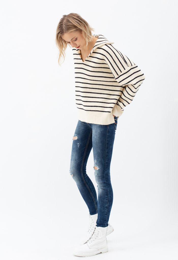 Hi-Lo-Pullover mit V-Ausschnitt und Kragen in Streifen