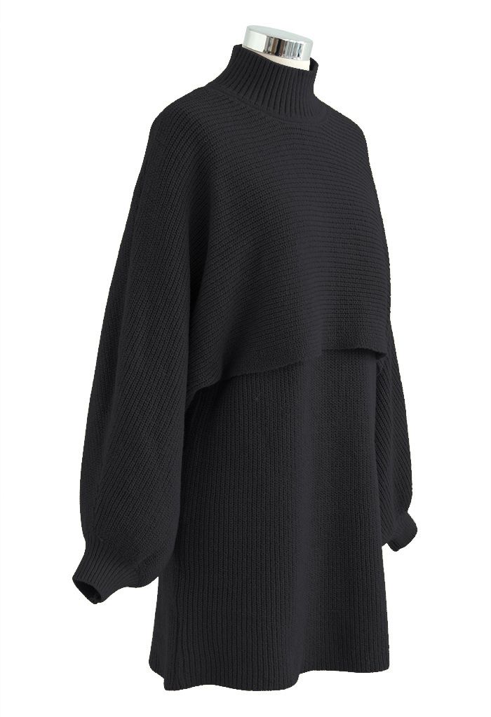 Kurzer Pullover mit Stehkragen und ärmelloses Strickkleid in Schwarz