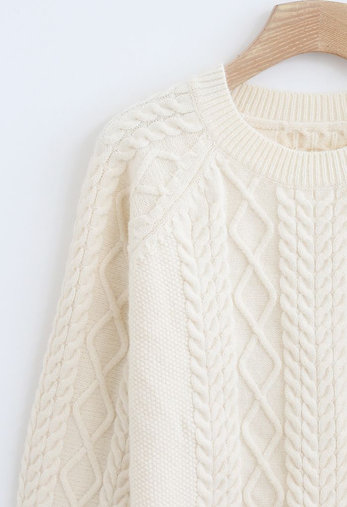 Braid Texture Cropped Knit Sweater aus Elfenbein