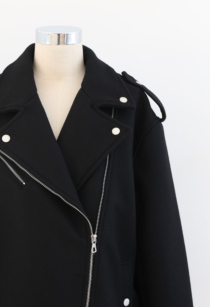 Moto-Jacke mit Reißverschluss aus Wollmischung in Schwarz