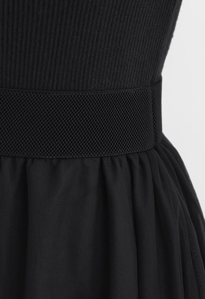 Elasticated Taille Stricken Spleiß Masche Kleid in Schwarz