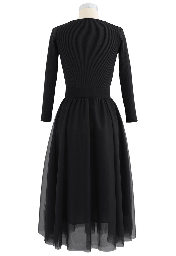 Elasticated Taille Stricken Spleiß Masche Kleid in Schwarz