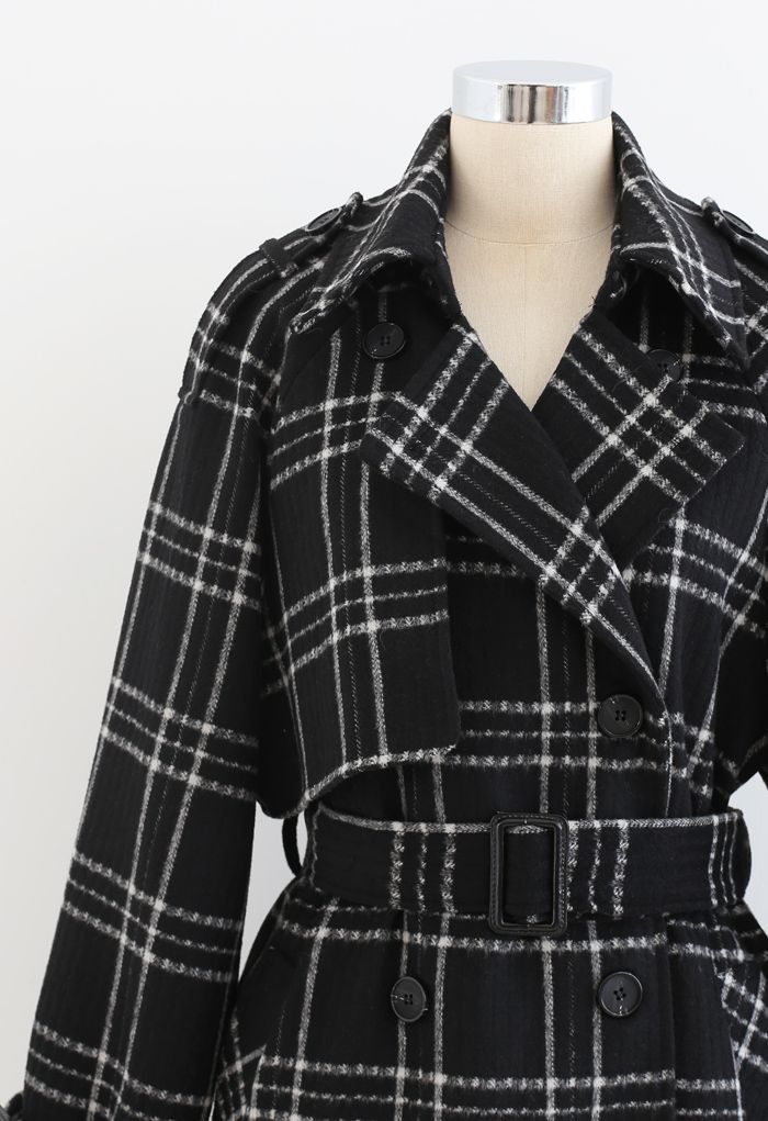 Black Check Belted Wollmischung Longline Coat