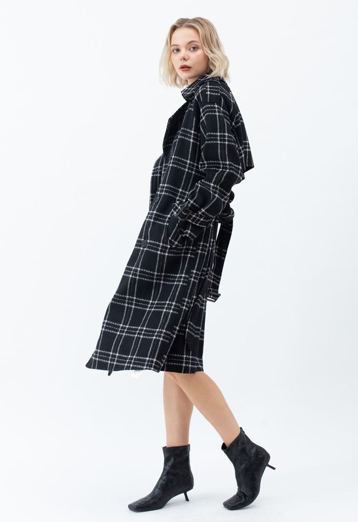 Black Check Belted Wollmischung Longline Coat