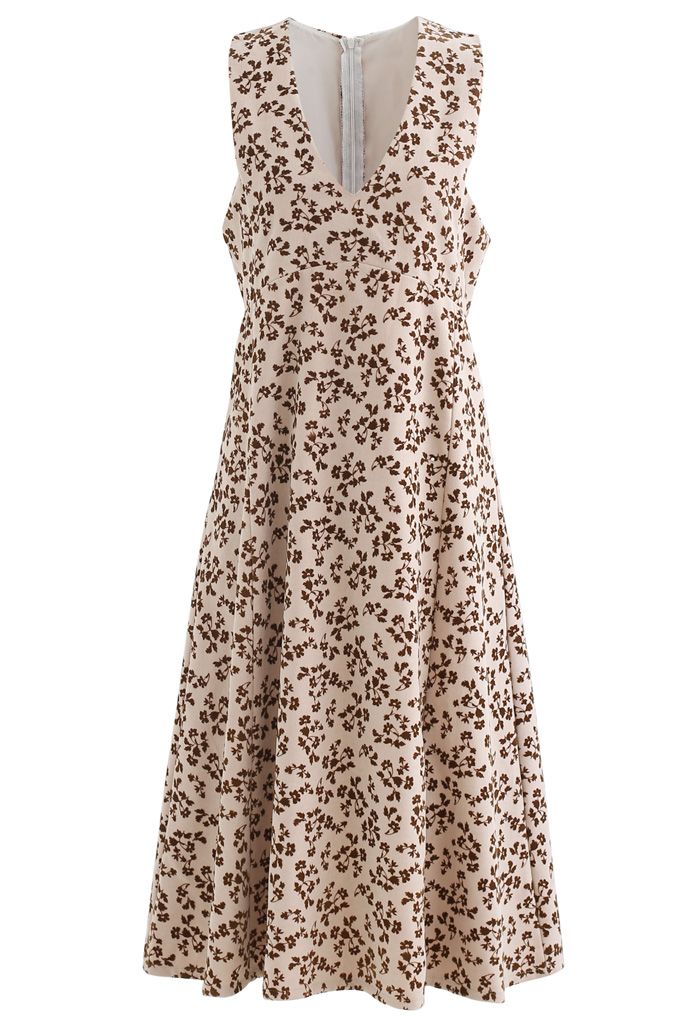 Geprägtes ärmelloses Kleid mit Floret-V-Ausschnitt aus Sand