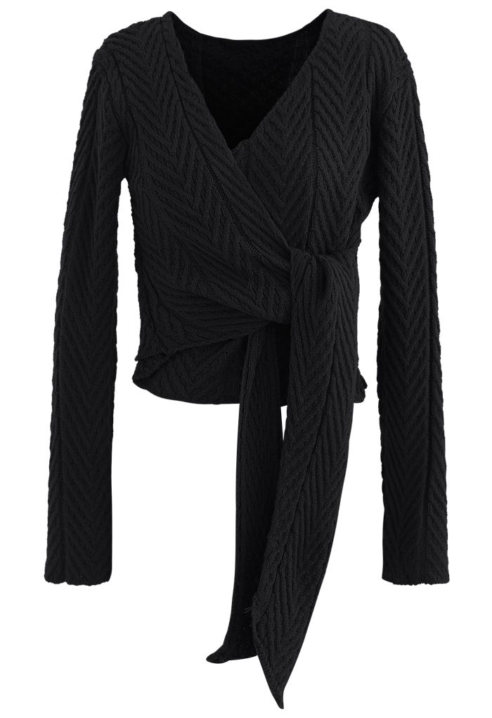 Tiefer Wrap Tie Crop Strickpullover in Schwarz