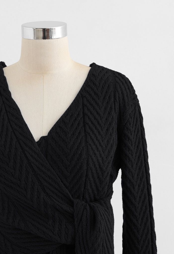 Tiefer Wrap Tie Crop Strickpullover in Schwarz