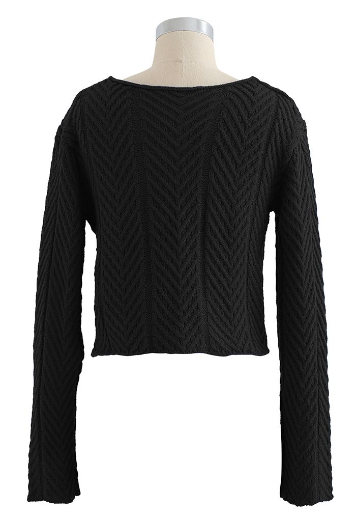 Tiefer Wrap Tie Crop Strickpullover in Schwarz