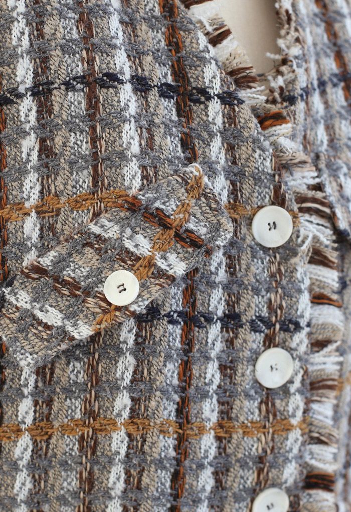 Tweed-Blazer mit Kunstpelzfutter und Quaste in Taupe