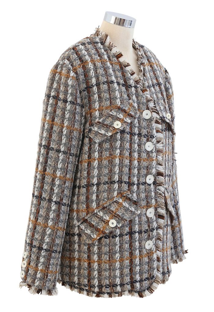 Tweed-Blazer mit Kunstpelzfutter und Quaste in Taupe
