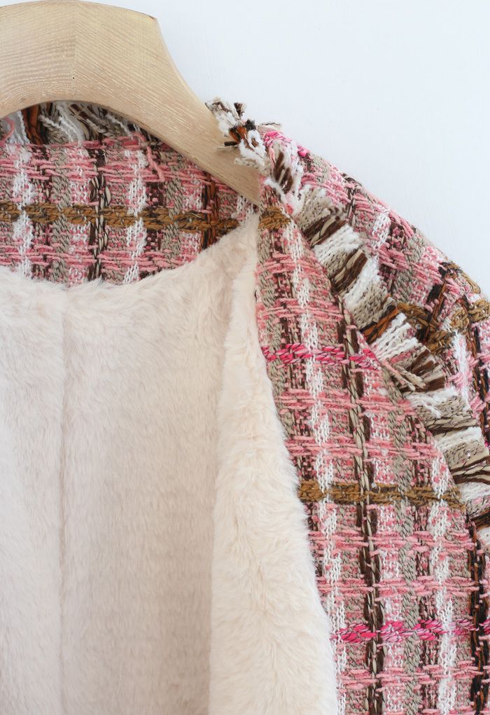 Tweed-Blazer mit Faux-Fur-Futter und Quasten in Hot Pink