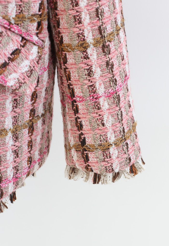 Tweed-Blazer mit Faux-Fur-Futter und Quasten in Hot Pink