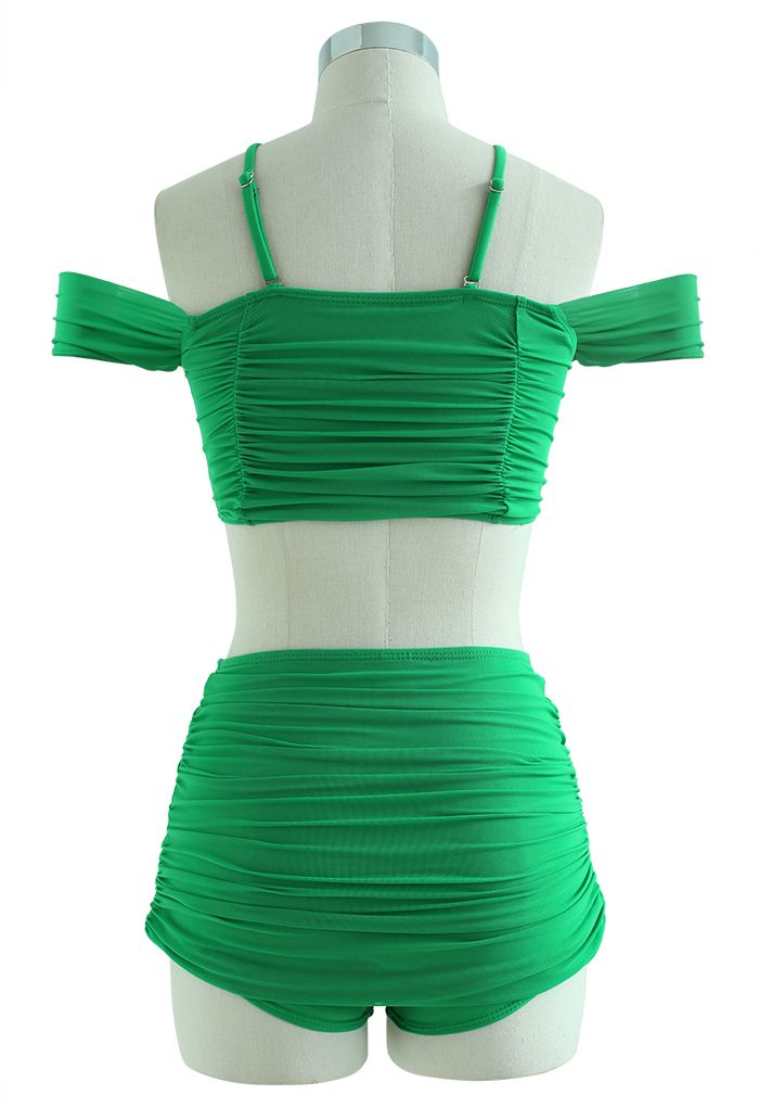 Schulterfreies Bikini-Set mit Rüschen und Netzstoff in Grün