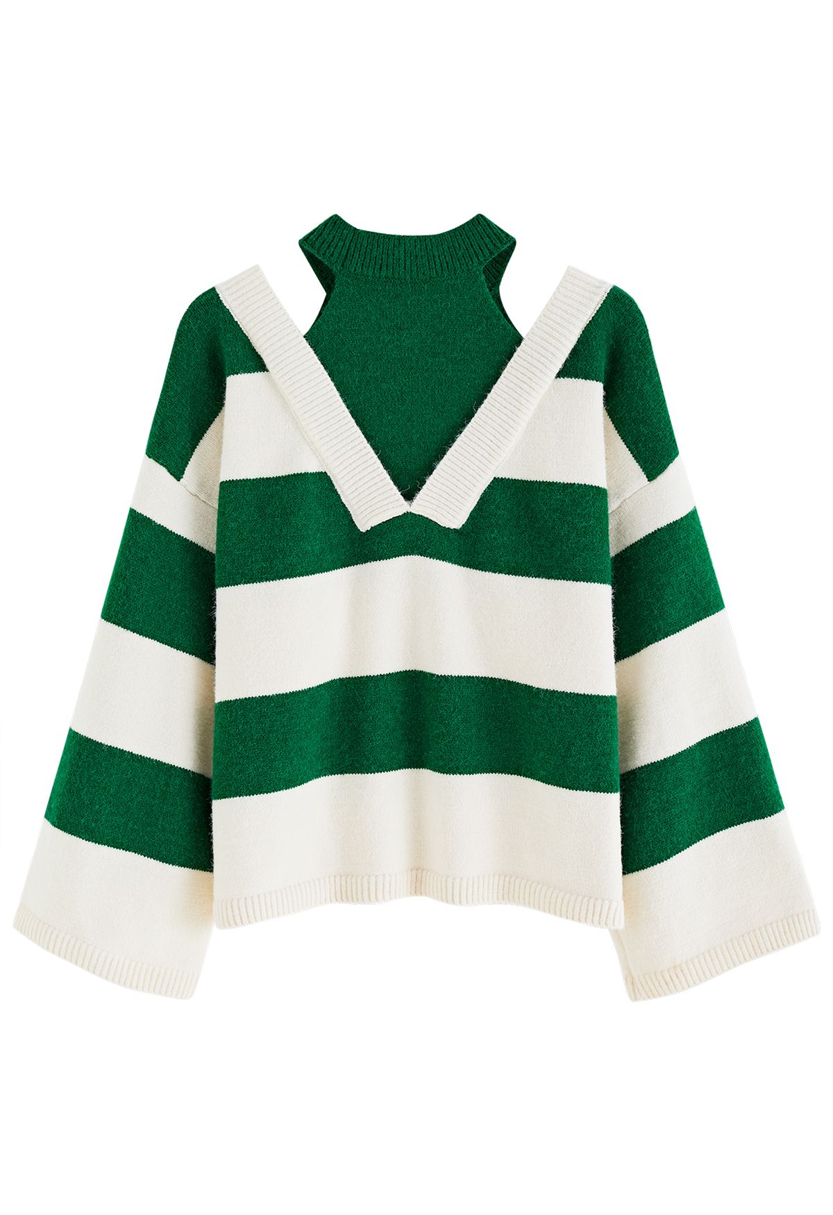 Gefälschter zweiteiliger gestreifter Pullover mit kalter Schulter in Grün