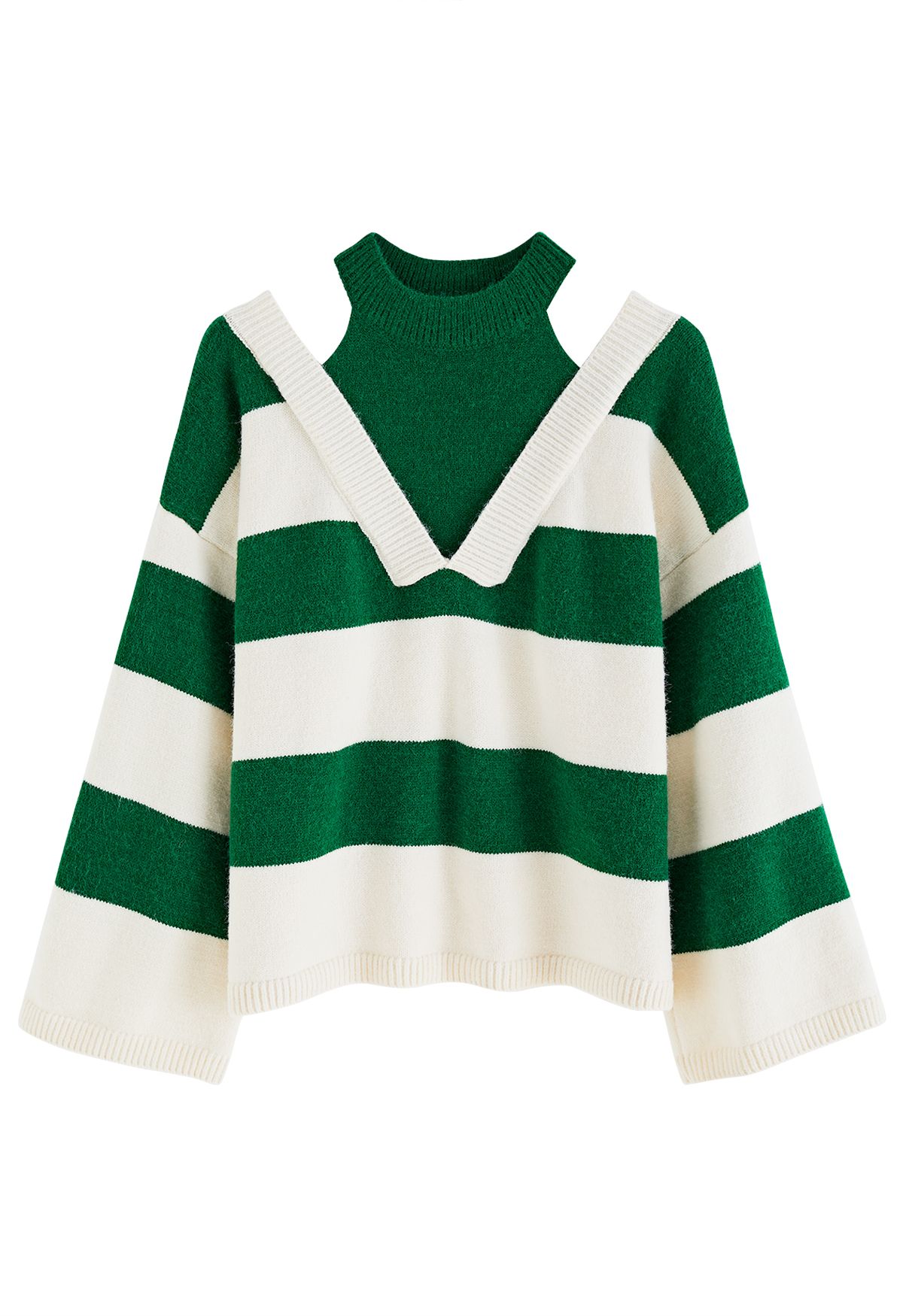 Gefälschter zweiteiliger gestreifter Pullover mit kalter Schulter in Grün