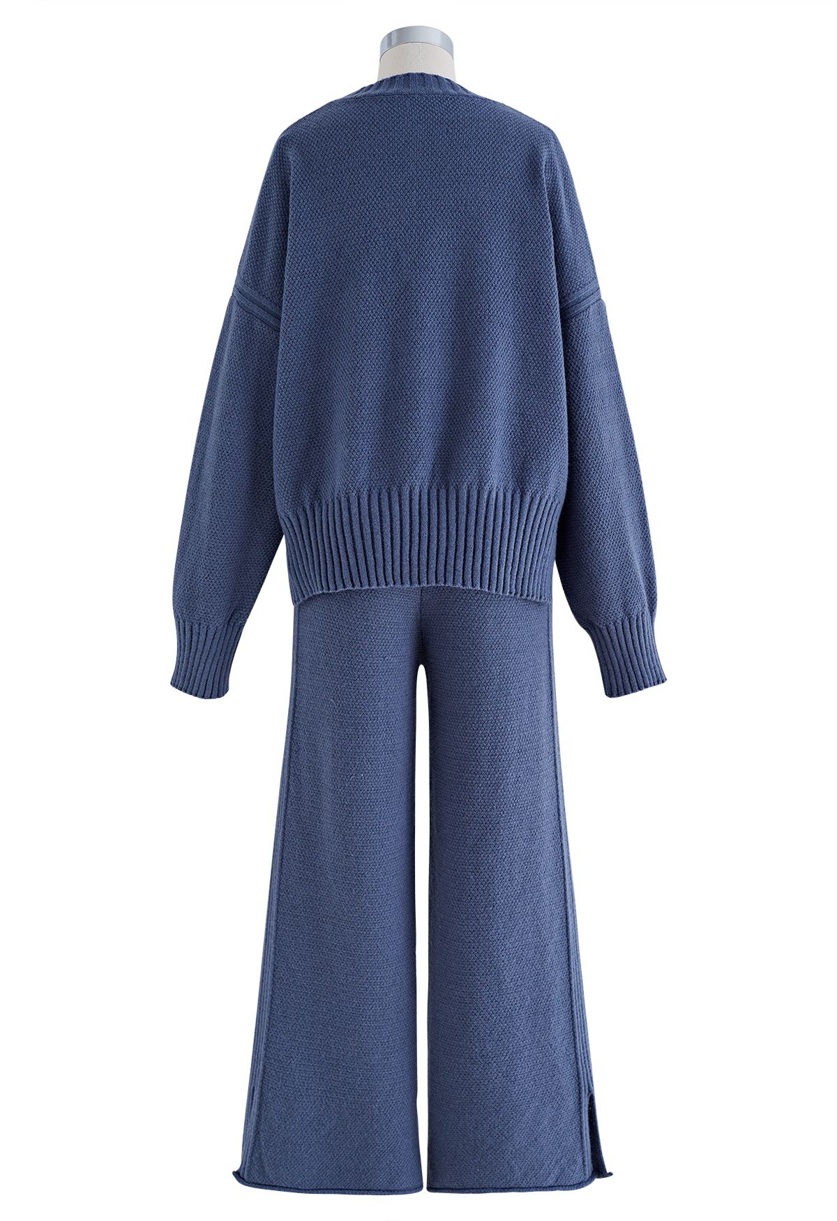 Waffelstrick-Hi-Lo-Pullover und Hose mit weitem Bein im Set in Blau