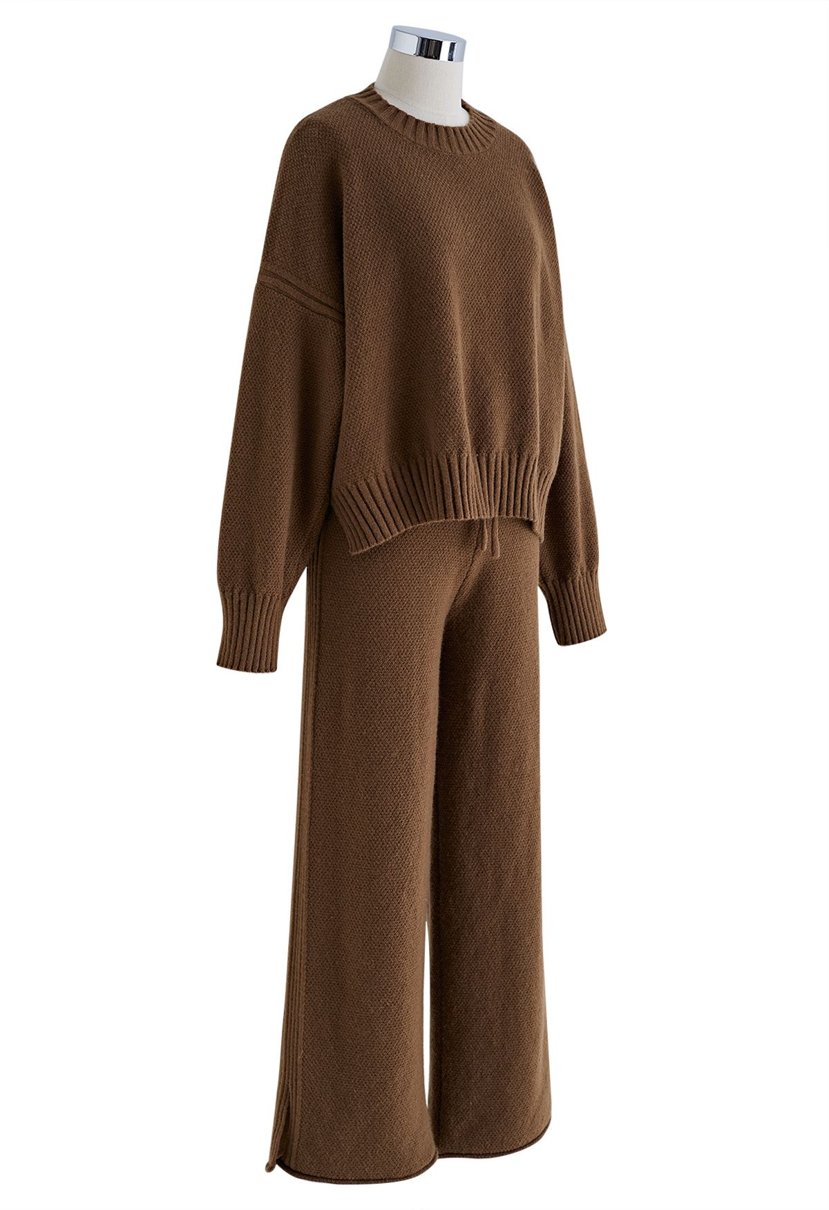 Waffelstrick-Hi-Lo-Pullover und Hose mit weitem Bein im Set in Braun