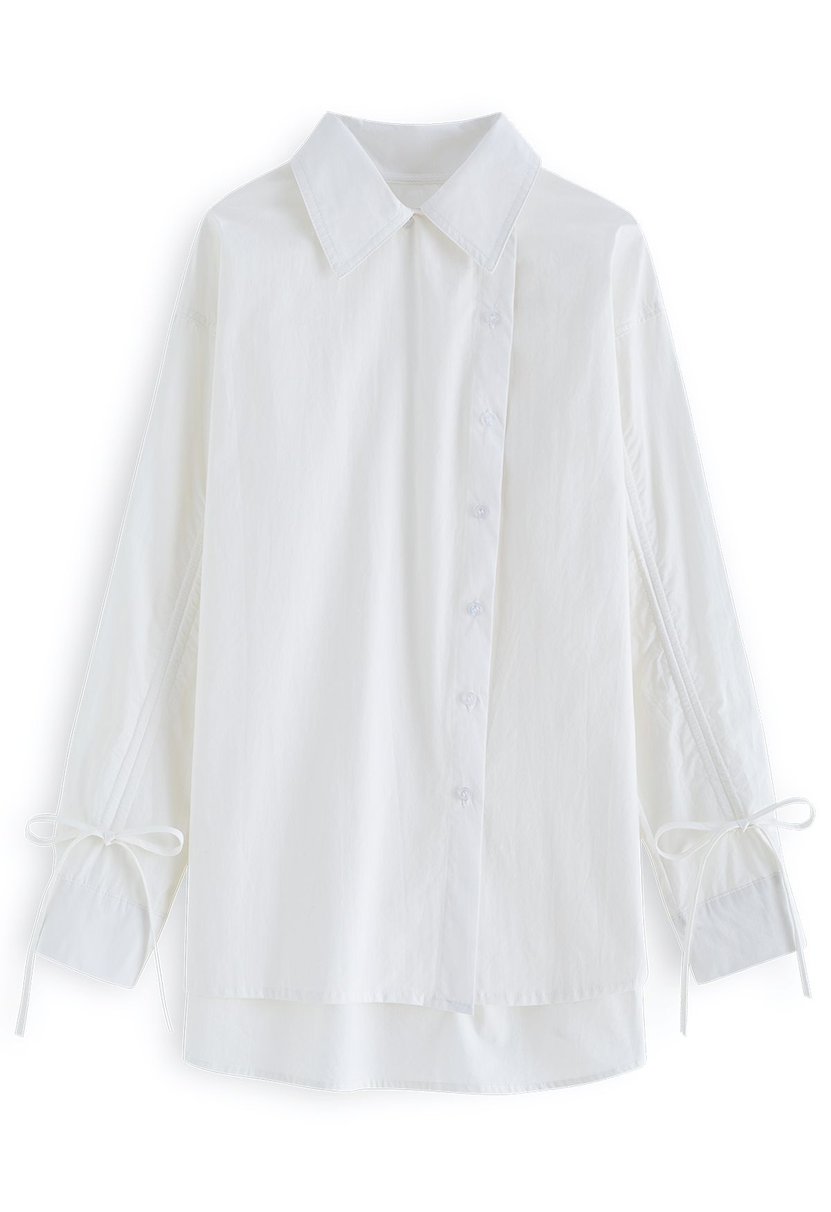 Button-Down-Baumwollhemd mit Tunnelzugärmeln in Weiß
