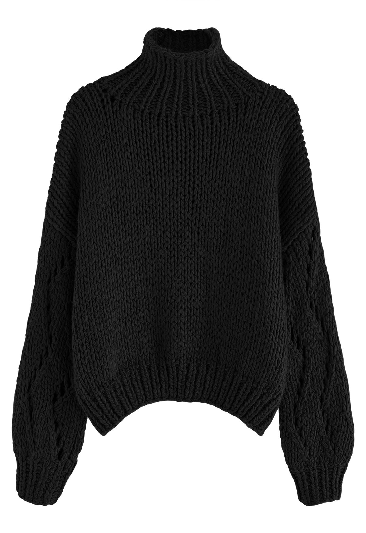 Handgestrickter Pullover mit Pointelle-Ärmeln und Stehkragen in Schwarz