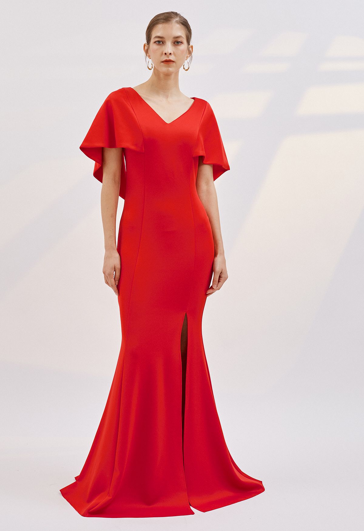 Cape-Ärmel-Split-Meerjungfrau-Kleid in Rot