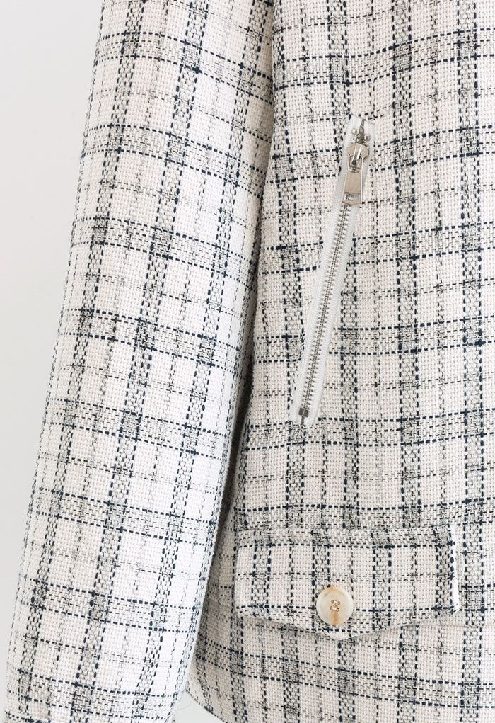 Tweed-Blazer mit Reißverschluss und Karomuster in Weiß