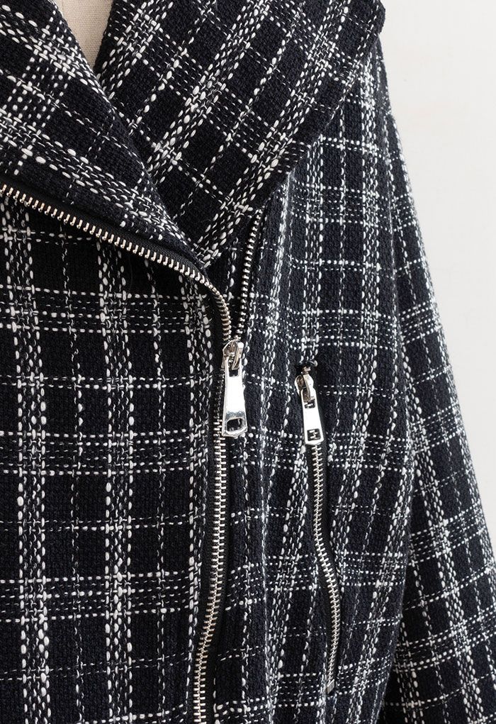 Tweed-Blazer mit Reißverschluss und Karomuster in Schwarz