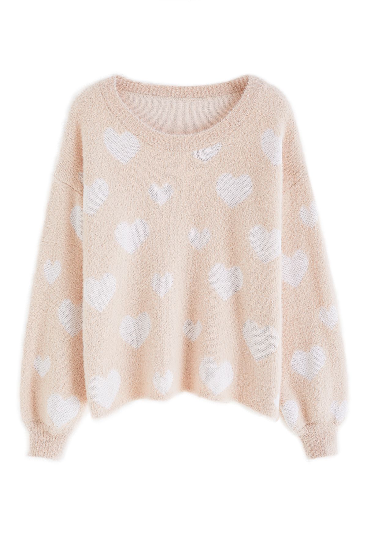 Fuzzy Contrast Heart Strickpullover in Nude Pink