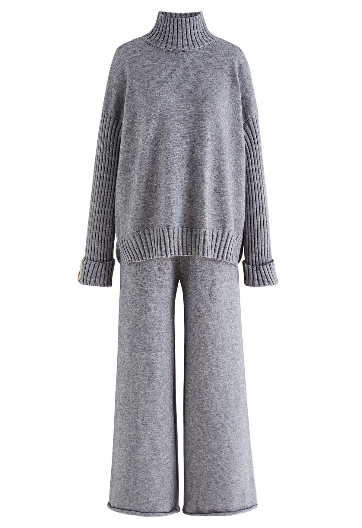 Pullover mit Stehkragen und geknöpfter Manschette und Strickhose im Set in Grau