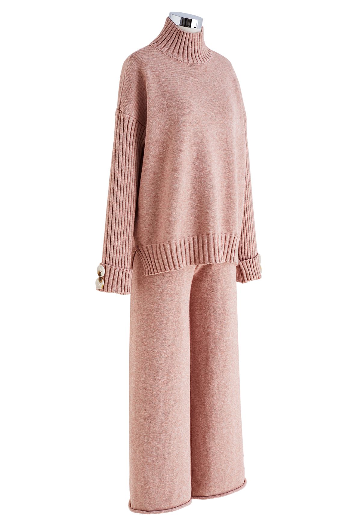 Pullover mit Stehkragen und geknöpfter Manschette und Strickhose im Set in Rosa