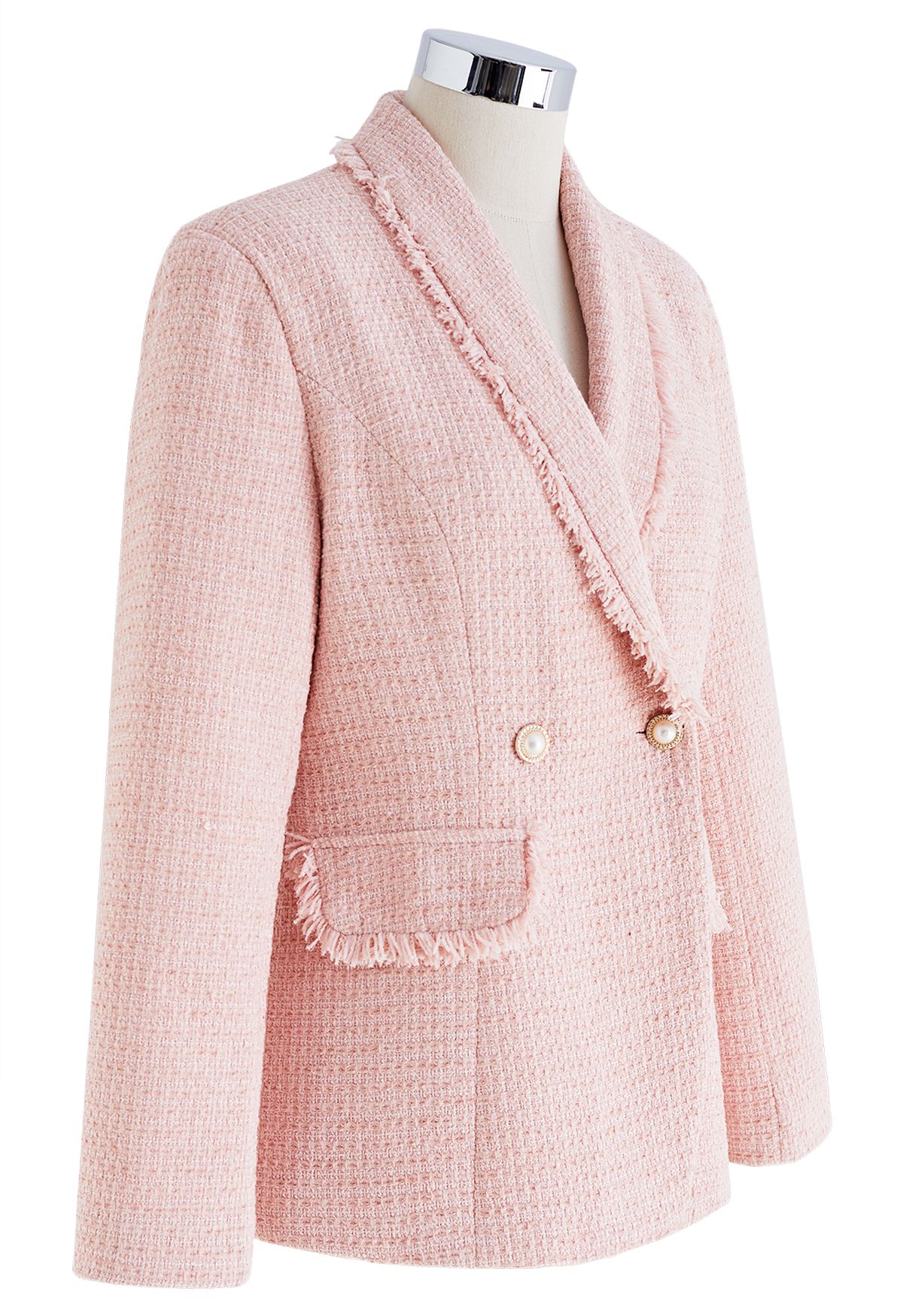 Tweed-Blazer mit Schalkragen und Fransen in Rosa