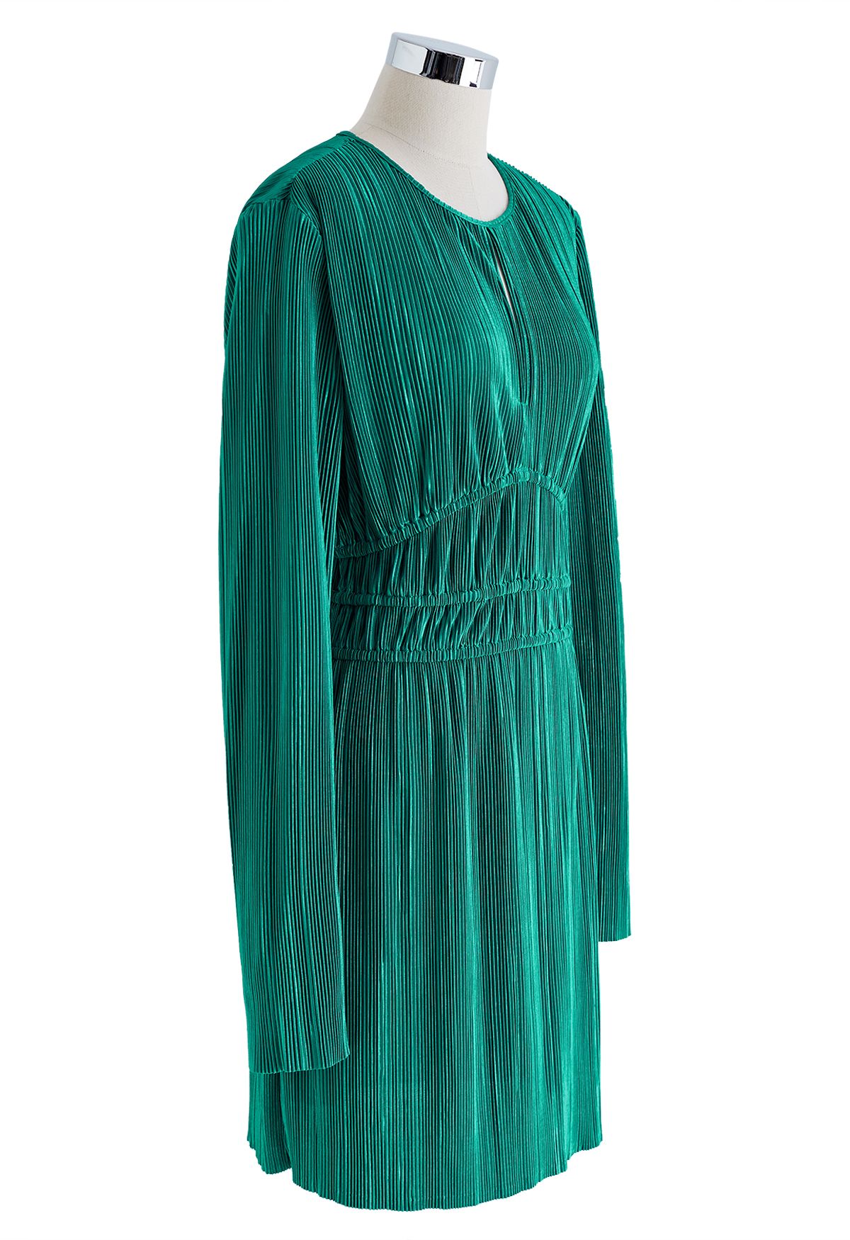 Cut-out Raw-Cut Full Plissee Kleid in Smaragdgrün