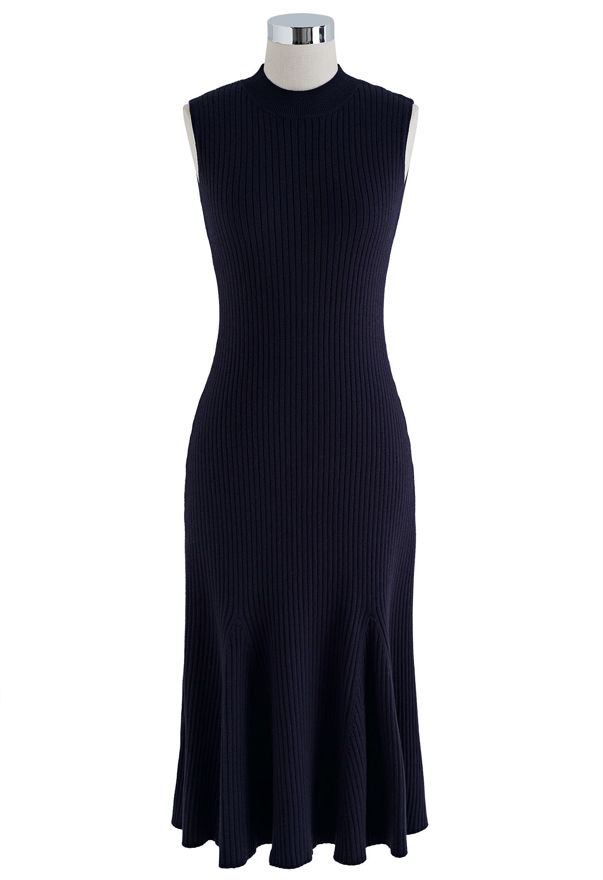 Strickset aus geripptem Pullover und ärmellosem Kleid in Marineblau