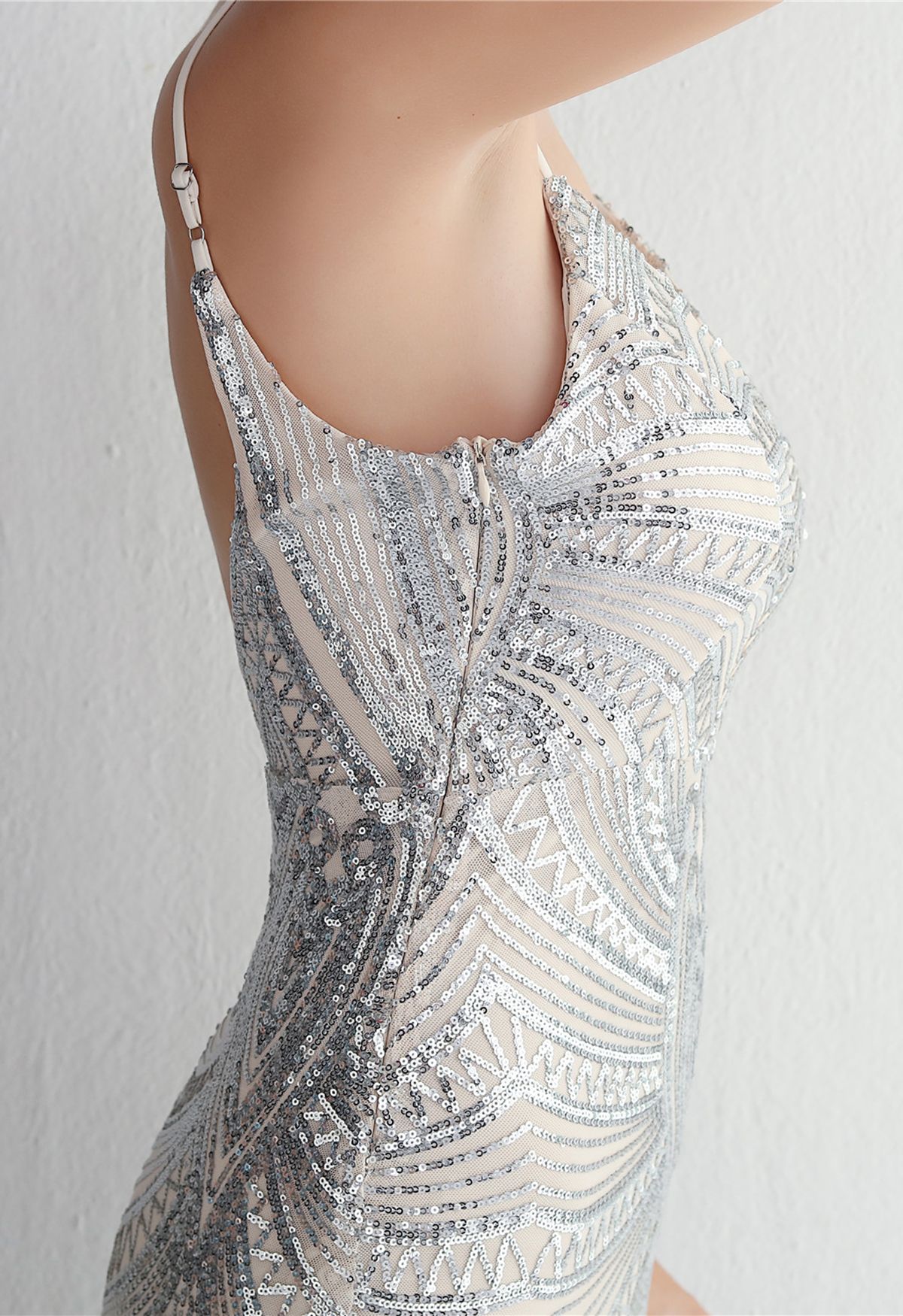 Glimmer-Pailletten-Nixe-Cami-Kleid in Silber